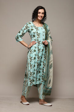 Green Cotton Printed Unstitched Suit Set image number 7