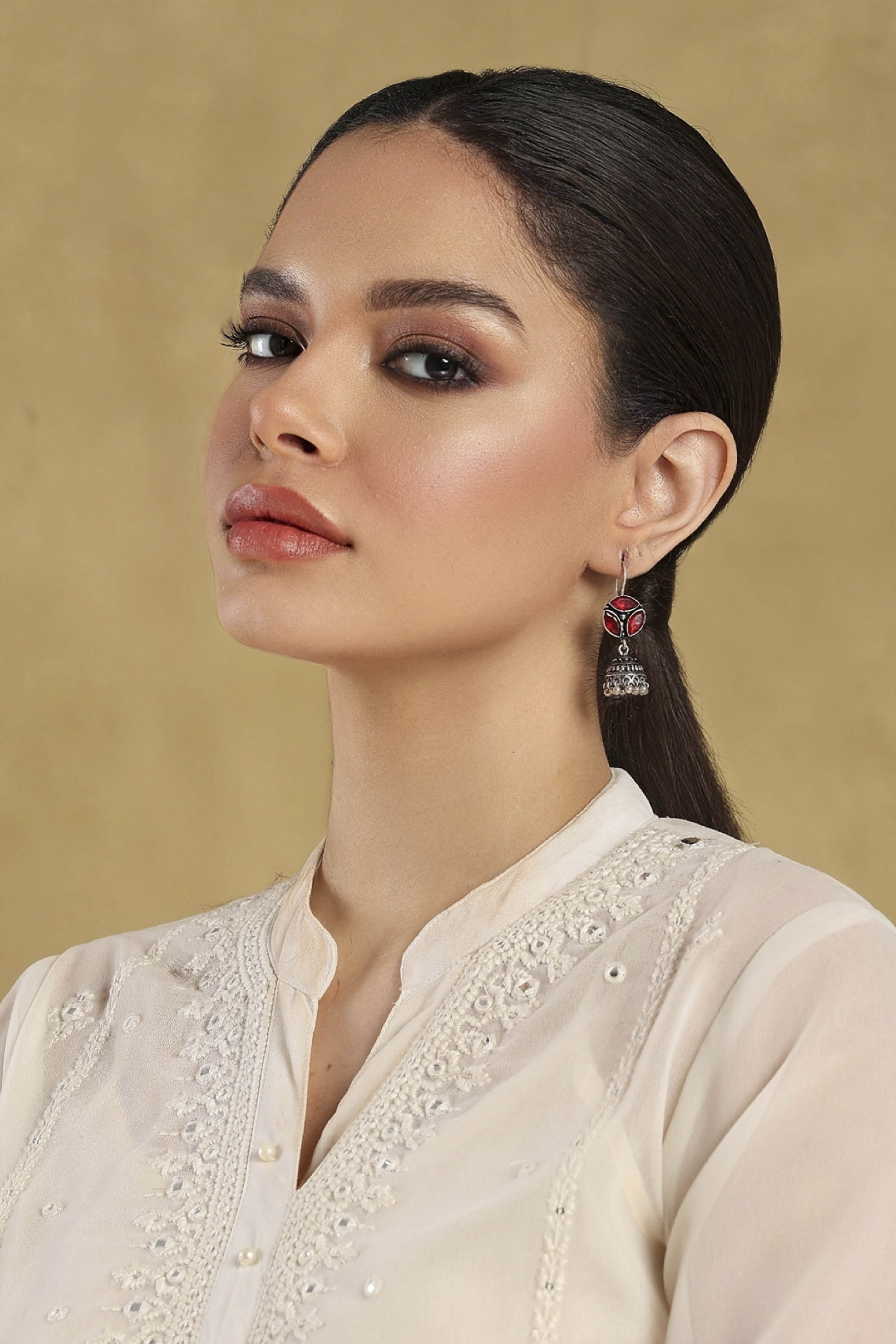 Red & Silver Toned Brass Studded Jhumkas image number 3