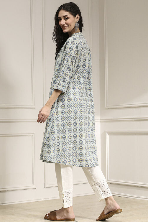 Blue Cotton Printed A-Line Kurta image number 3