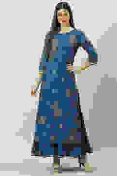 Navy Poly Cotton Flared Printed Dress image number 0