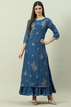 Navy Poly Cotton Flared Printed Dress image number 0