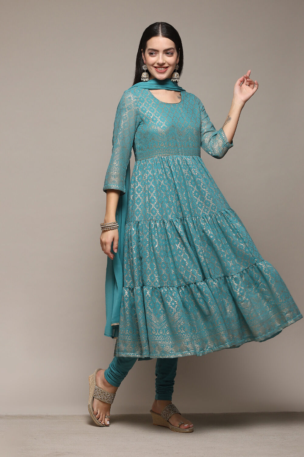 Sea Green Polyester Anarkali Kurta Churidar Suit Set image number 6