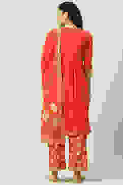 Red Cotton Flared Kurta Palazzo Suit Set image number 4