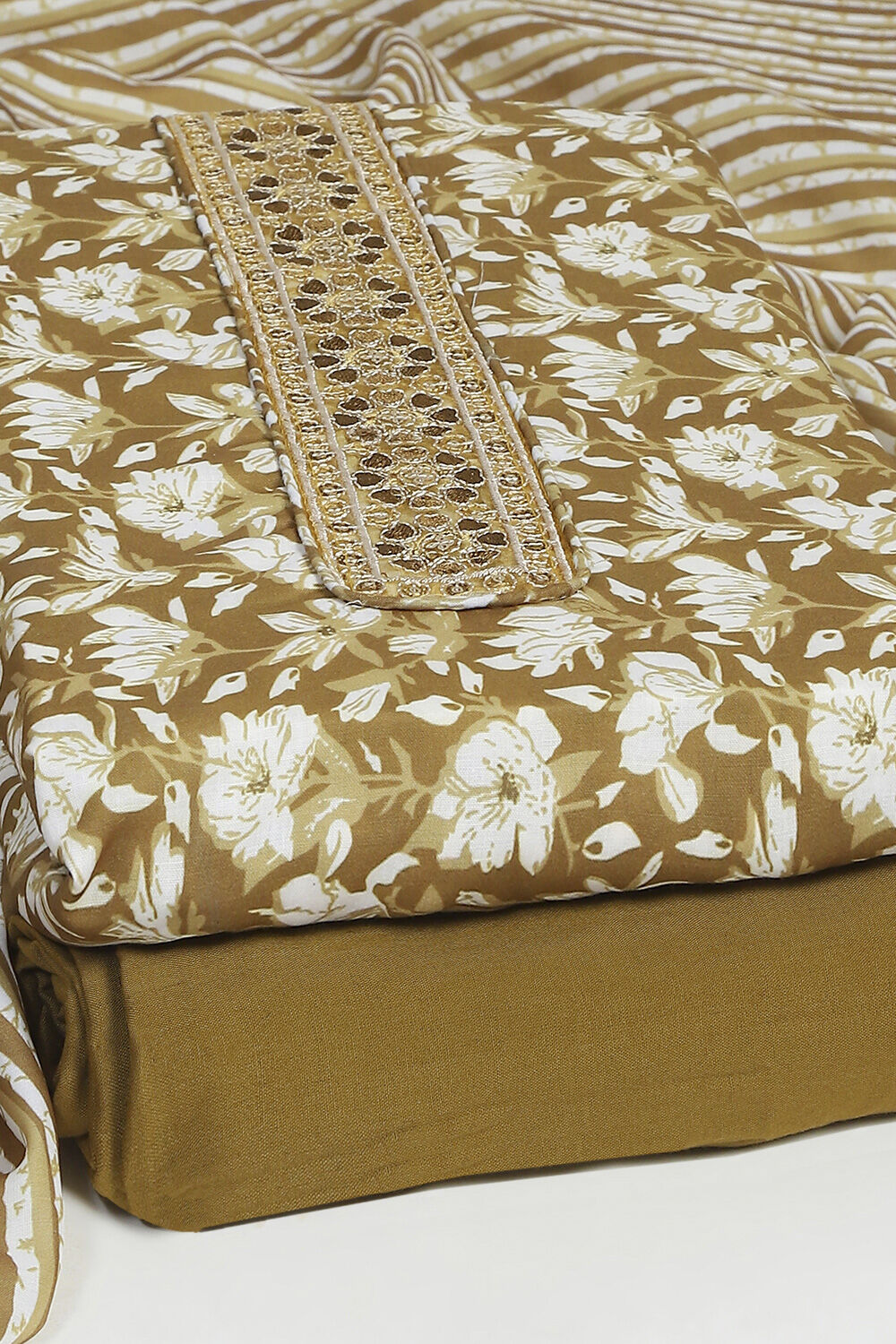 Mustard Green Cotton Printed Unstitched Suit Set image number 5