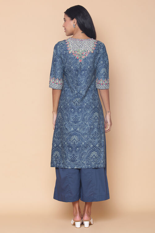 Blue Cotton Straight Kurta Flared Palazzo Suit Set image number 8