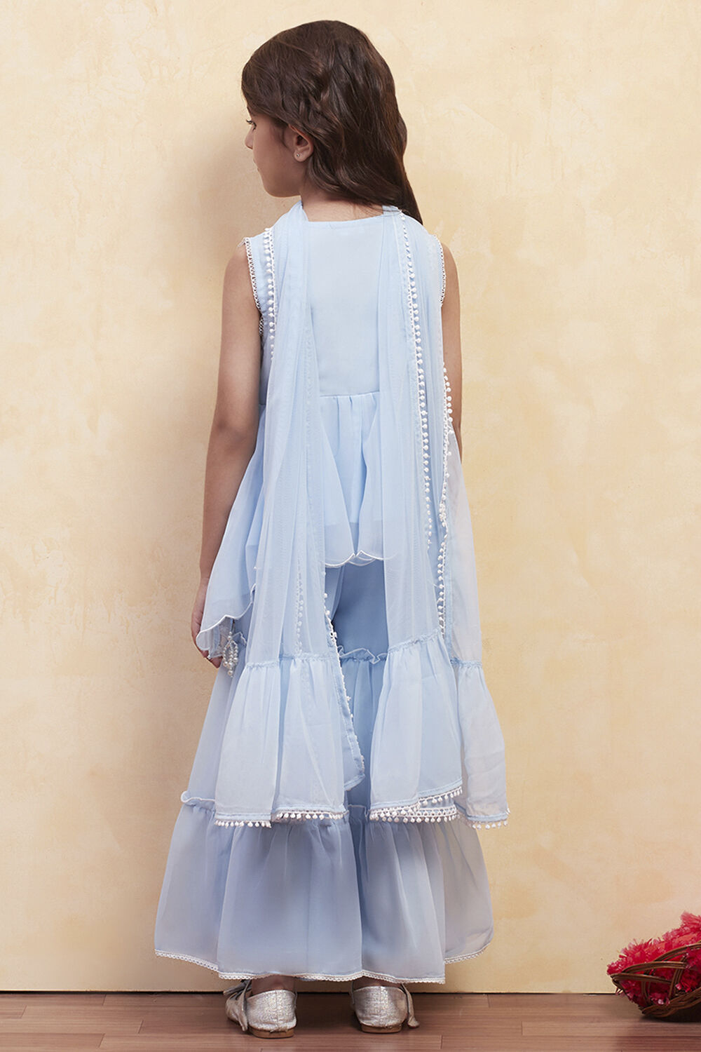 Ice Blue Embroidered Peplum Suit Set image number 4