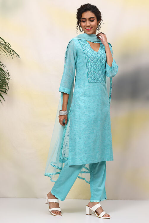 Blue Poly Cotton Straight Kurta Regular Pant Suit Set image number 6