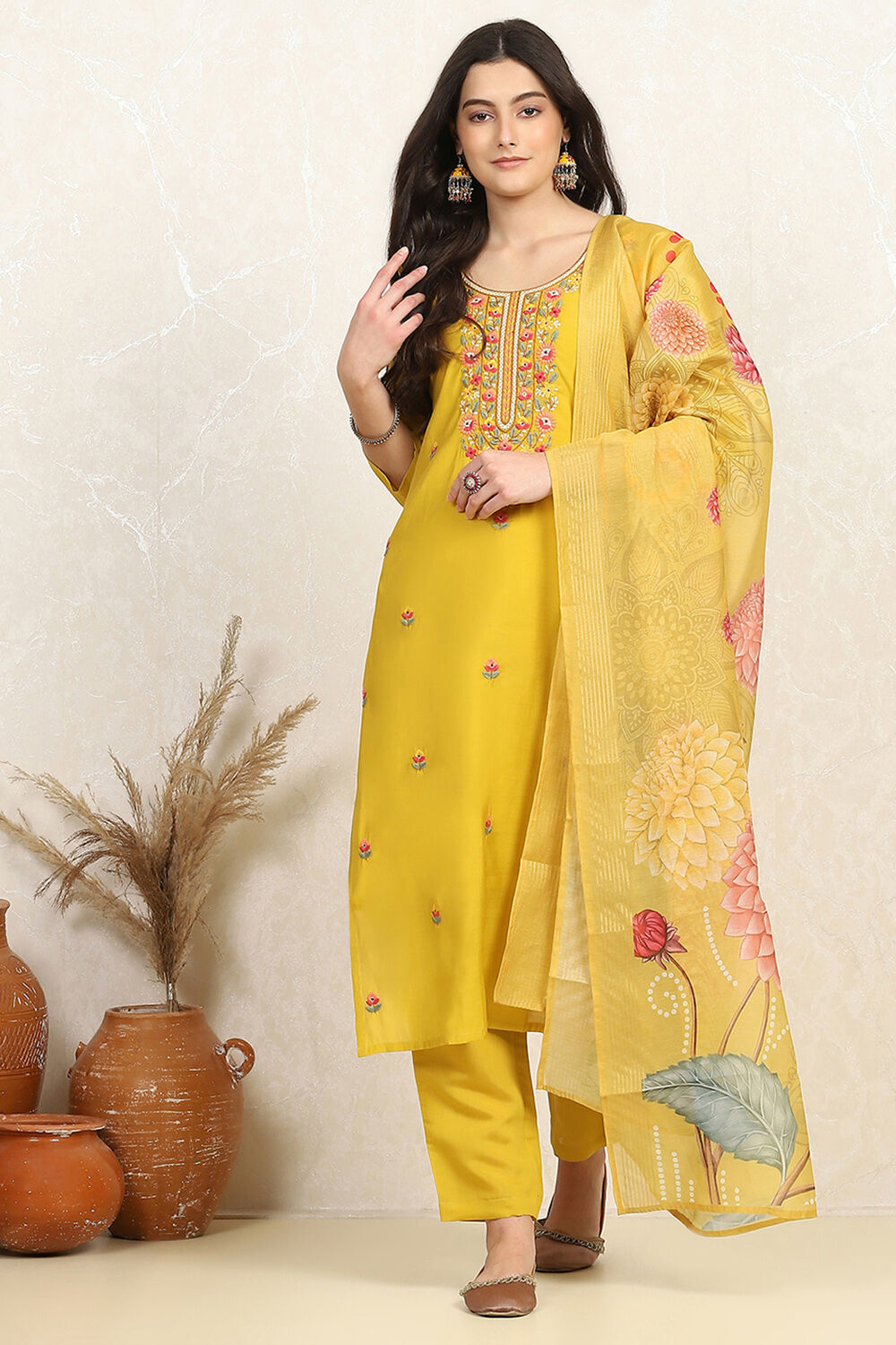 Yellow Silk Blend Machine Embroidered Unstitched Suit Set image number 1