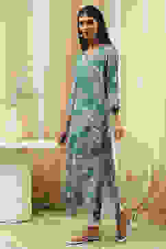Teal Floral Printed Asymmetric Kurta image number 2