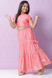 Peach Art Silk Printed Short Top Lehenga Set image number 6