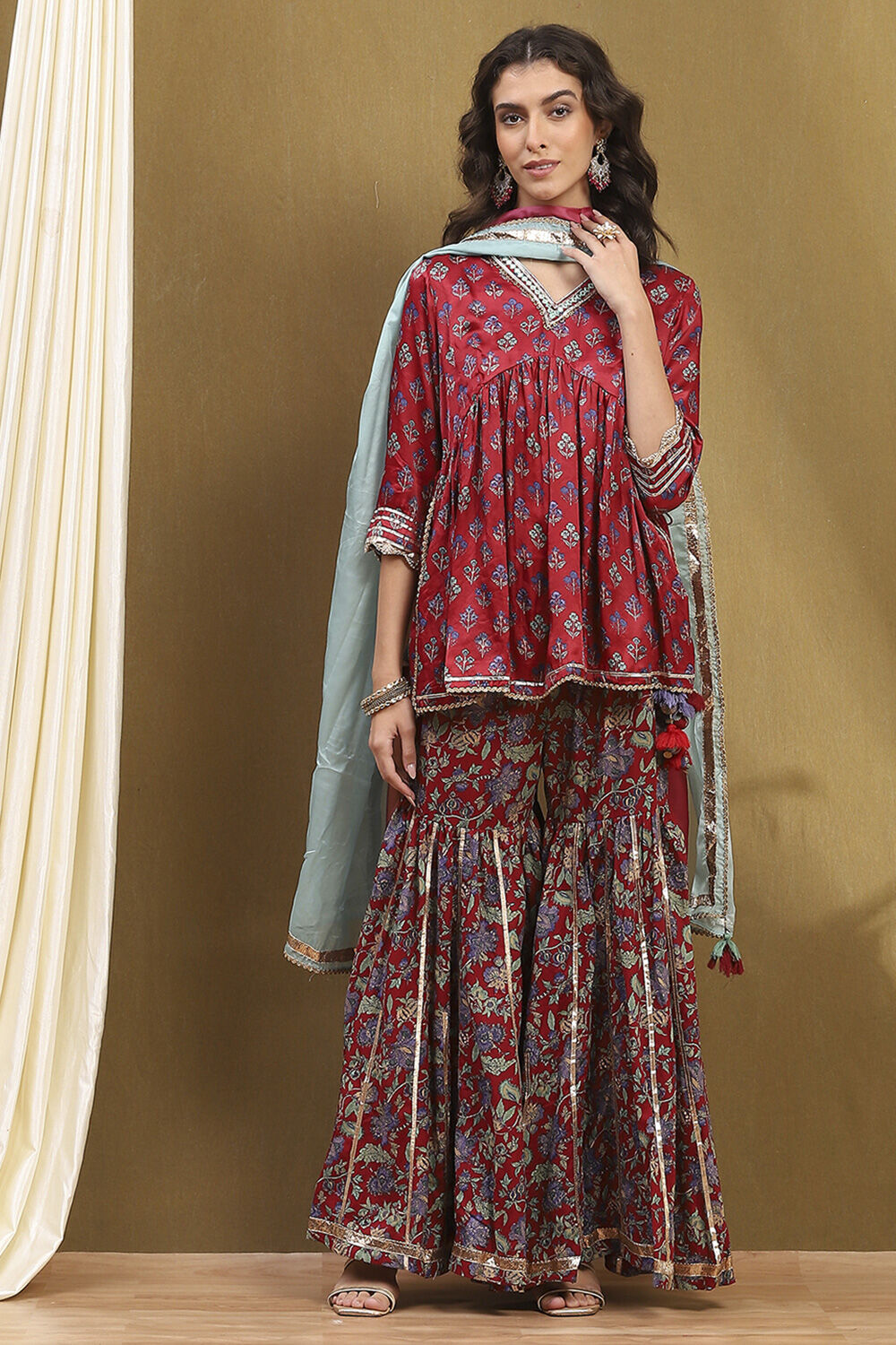 Navy Blue Viscose Floral Peplum Suit Set image number 6