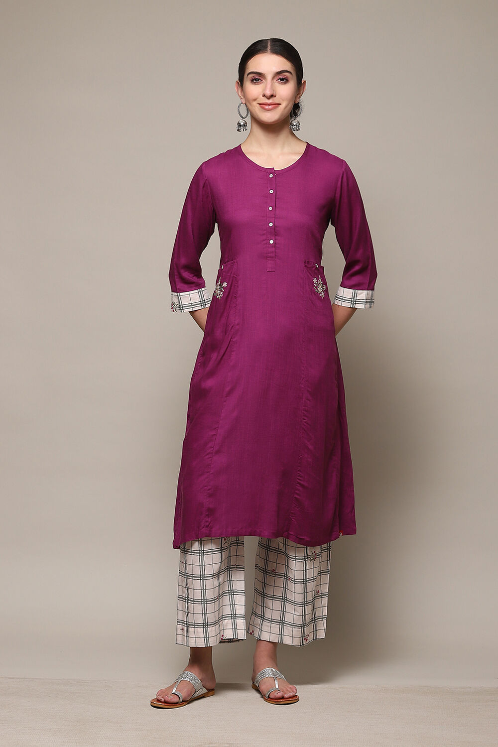 Pink & Purple Solid Rayon Straight Suit Set image number 6
