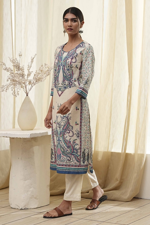 Blue Pure Cotton Printed Straight Kurta image number 2