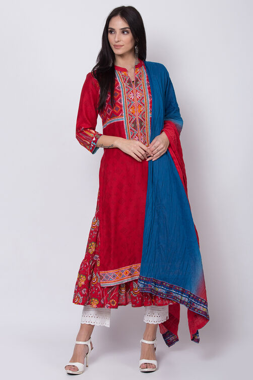 Red Cotton A-Line Printed Kurta image number 5