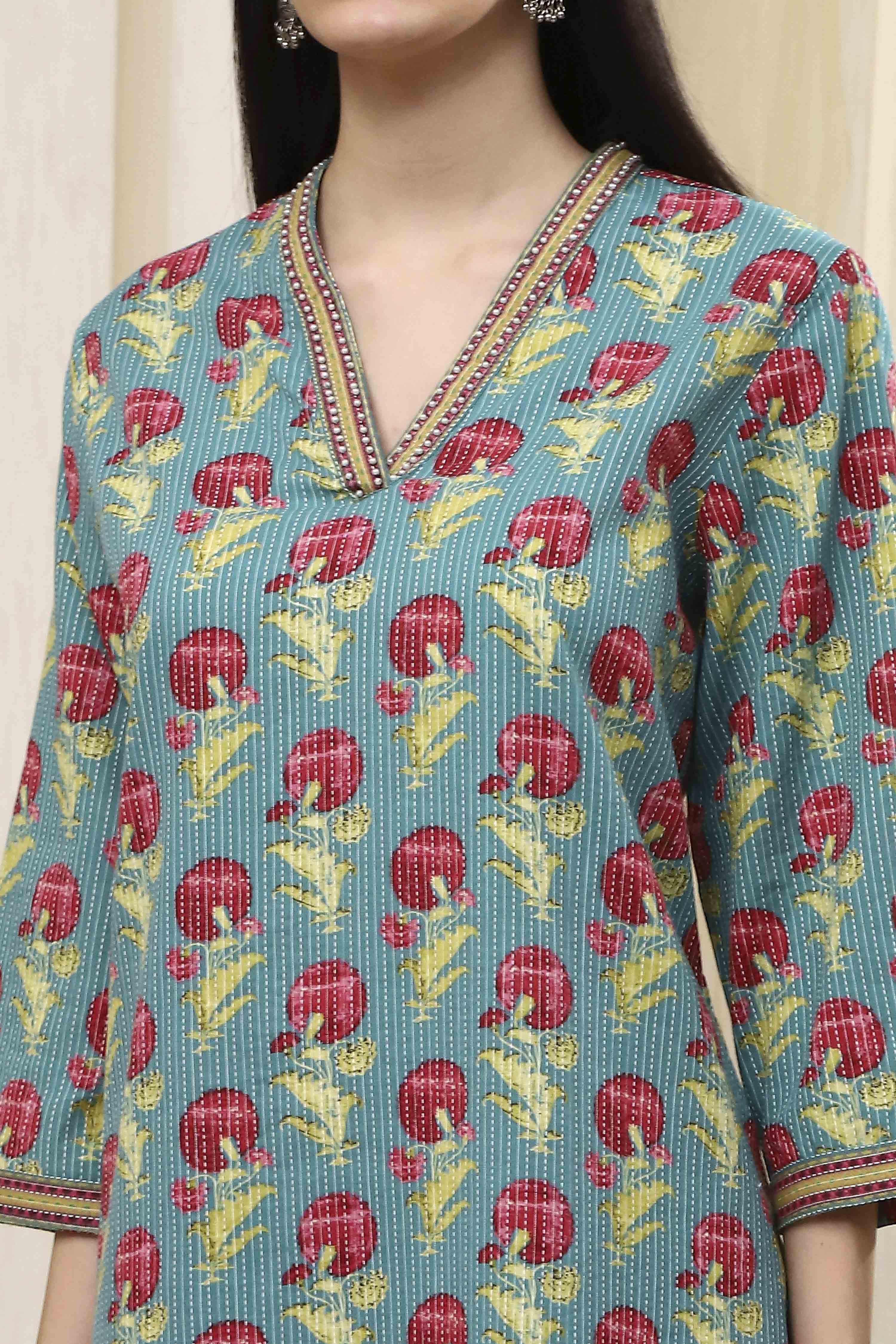 Teal Cotton Printed Straight Kurta image number 1