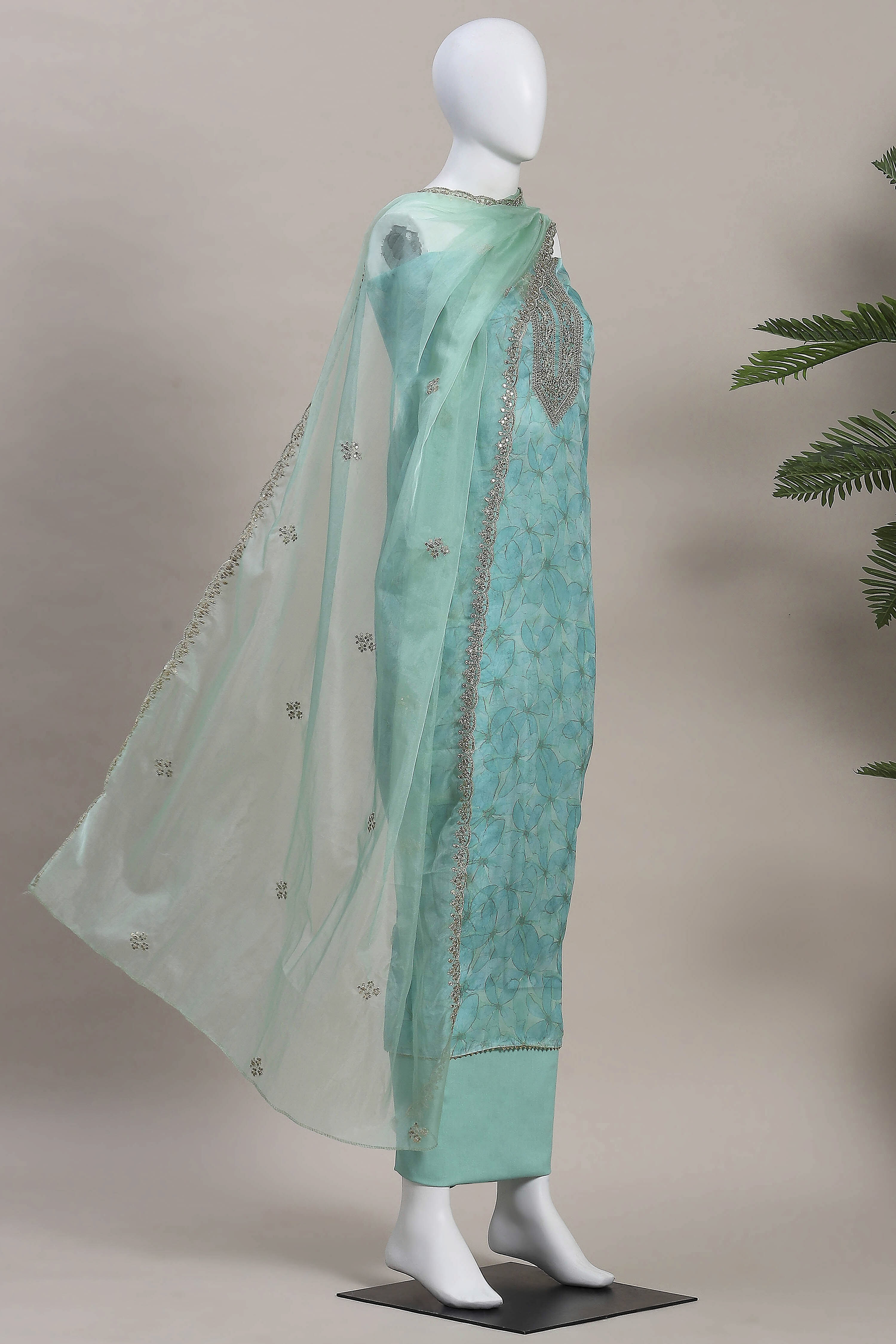 Blue Organza Rajasthani Print Unstitched Suit Set image number 4