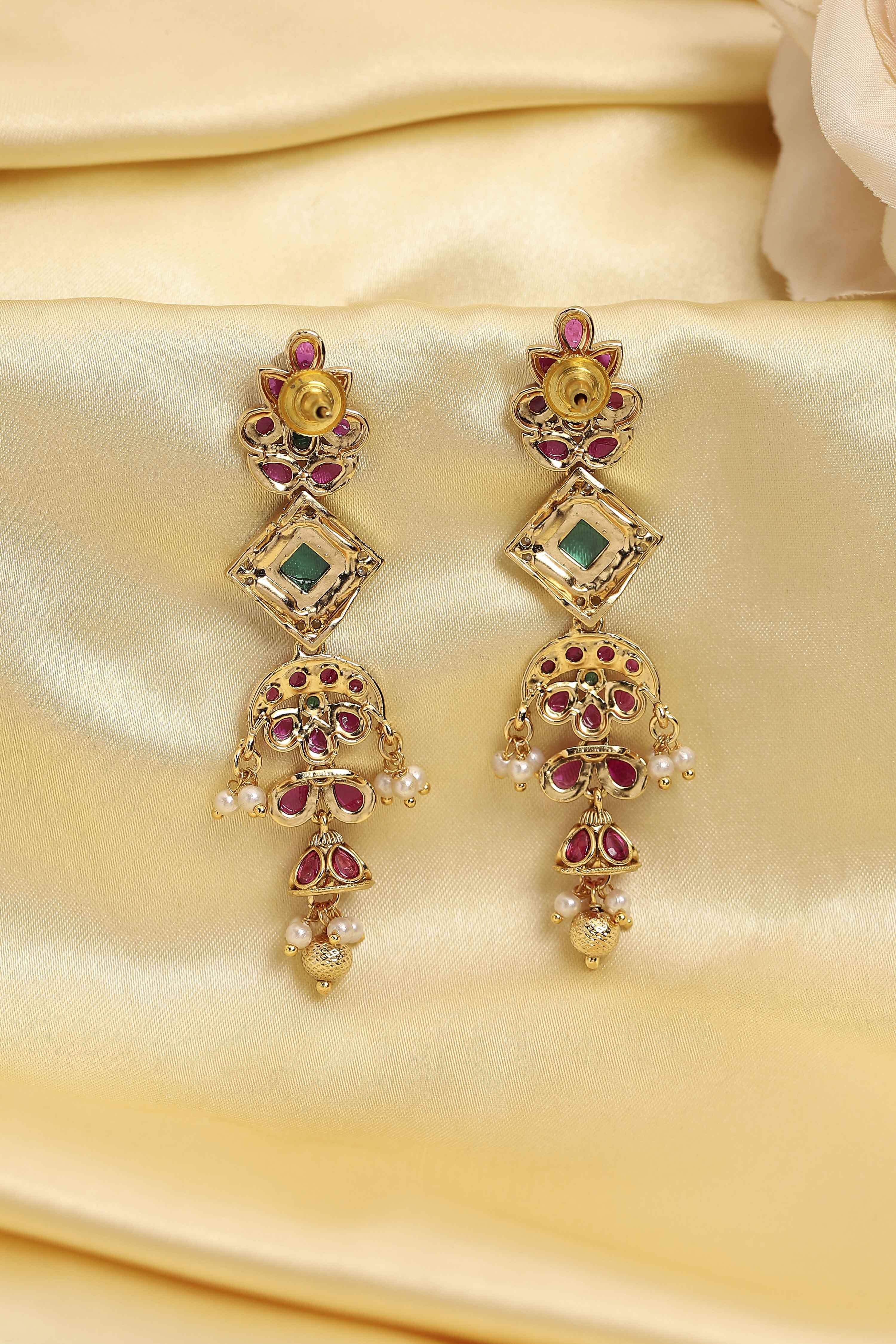 Multicolour Gold Plated Brass Stone Studded Drop Earrings image number 2