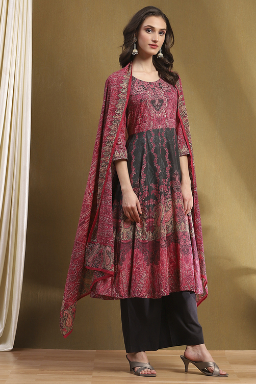 Charcoal and Pink Cotton Printed Anarkali Suit Set image number 5