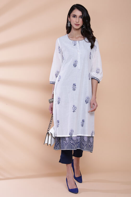 White And Blue Cotton A-Line Printed Kurta image number 0