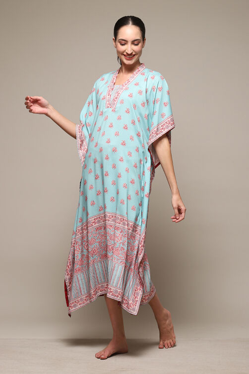 Powder Blue Rayon Printed Kaftan image number 2