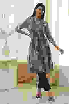 Grey Printed Pleated A-Line Kurta image number 6
