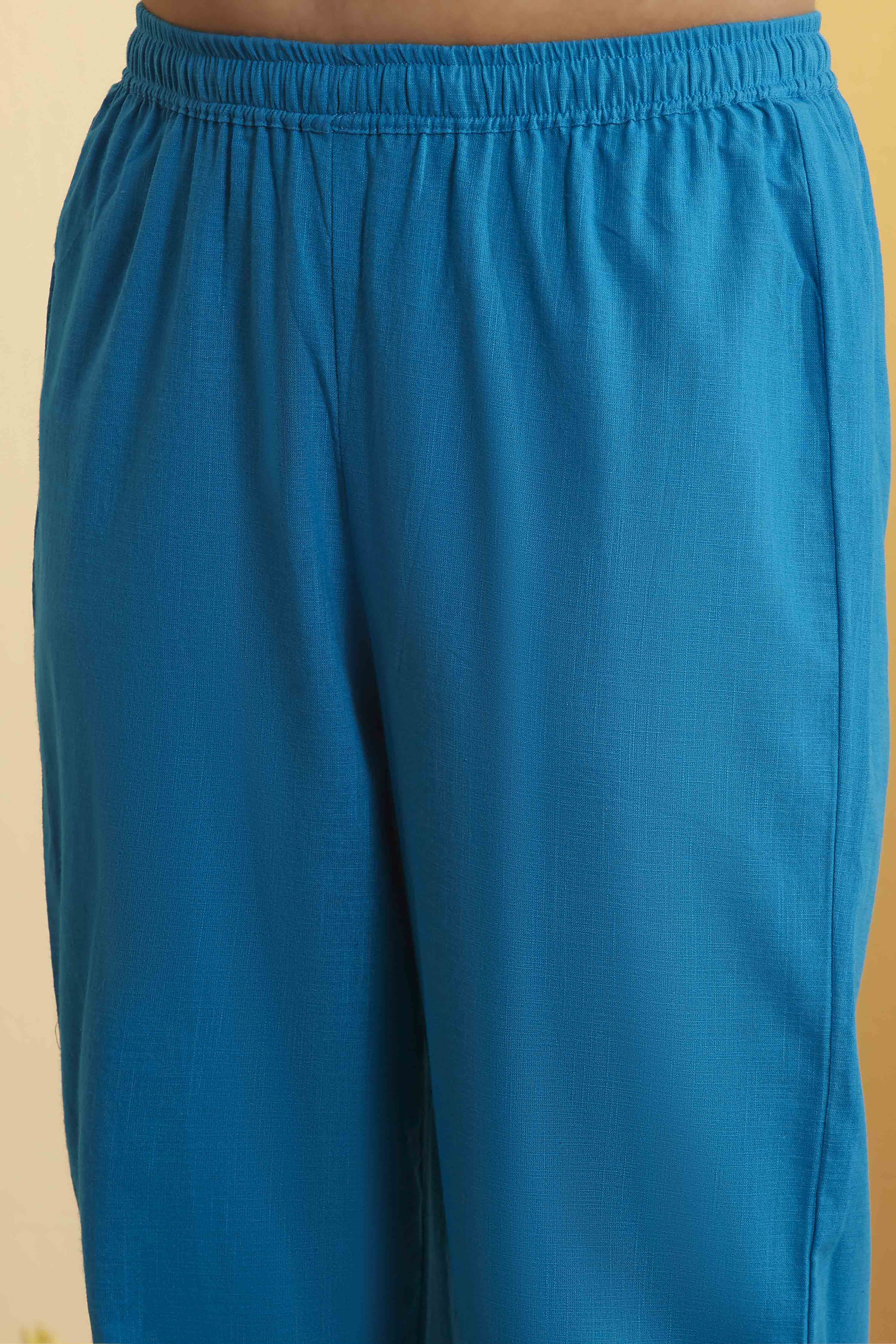 Turquoise Cotton Straight Printed Kurta Ankle Length Suit Set image number 2