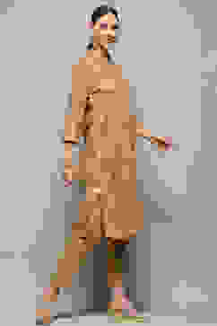 Beige Gathered Printed Straight Kurta image number 5