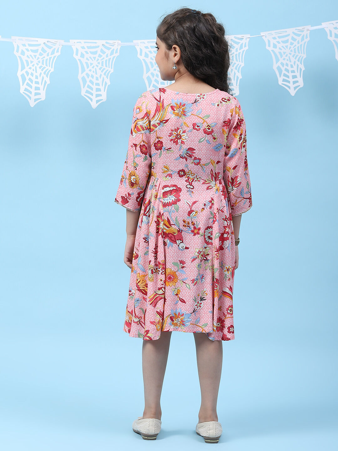 Pink Rayon Flared Printed Kurta image number 4