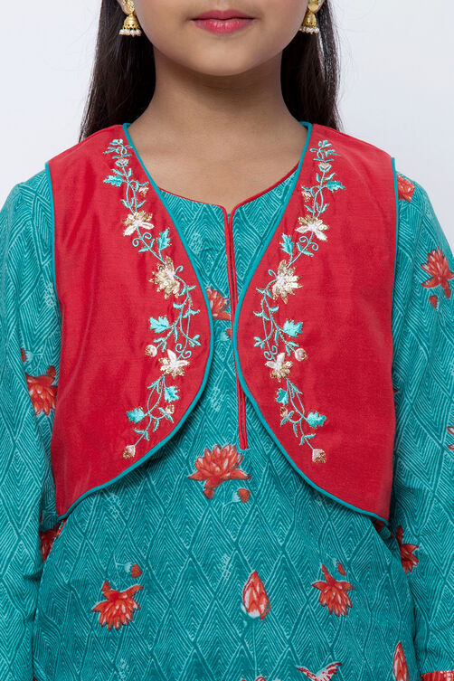 Turquoise And Red Cotton Straight Kurta Dhoti Salwar Suit Set image number 1