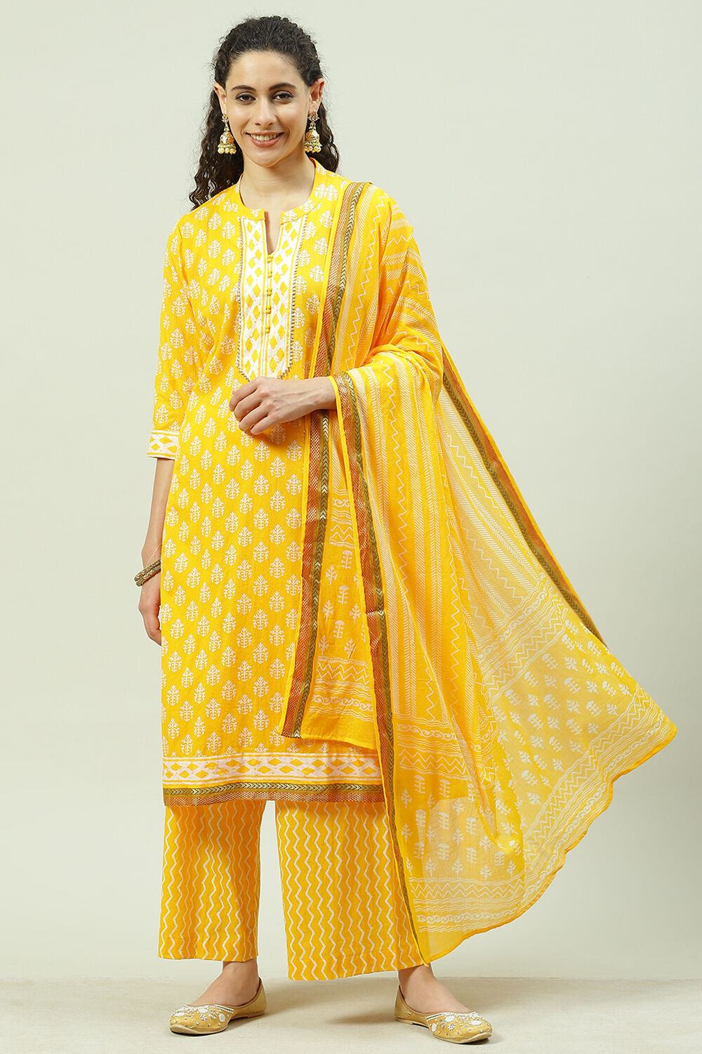 Yellow Cotton Screen Print Unstitched Suit Set