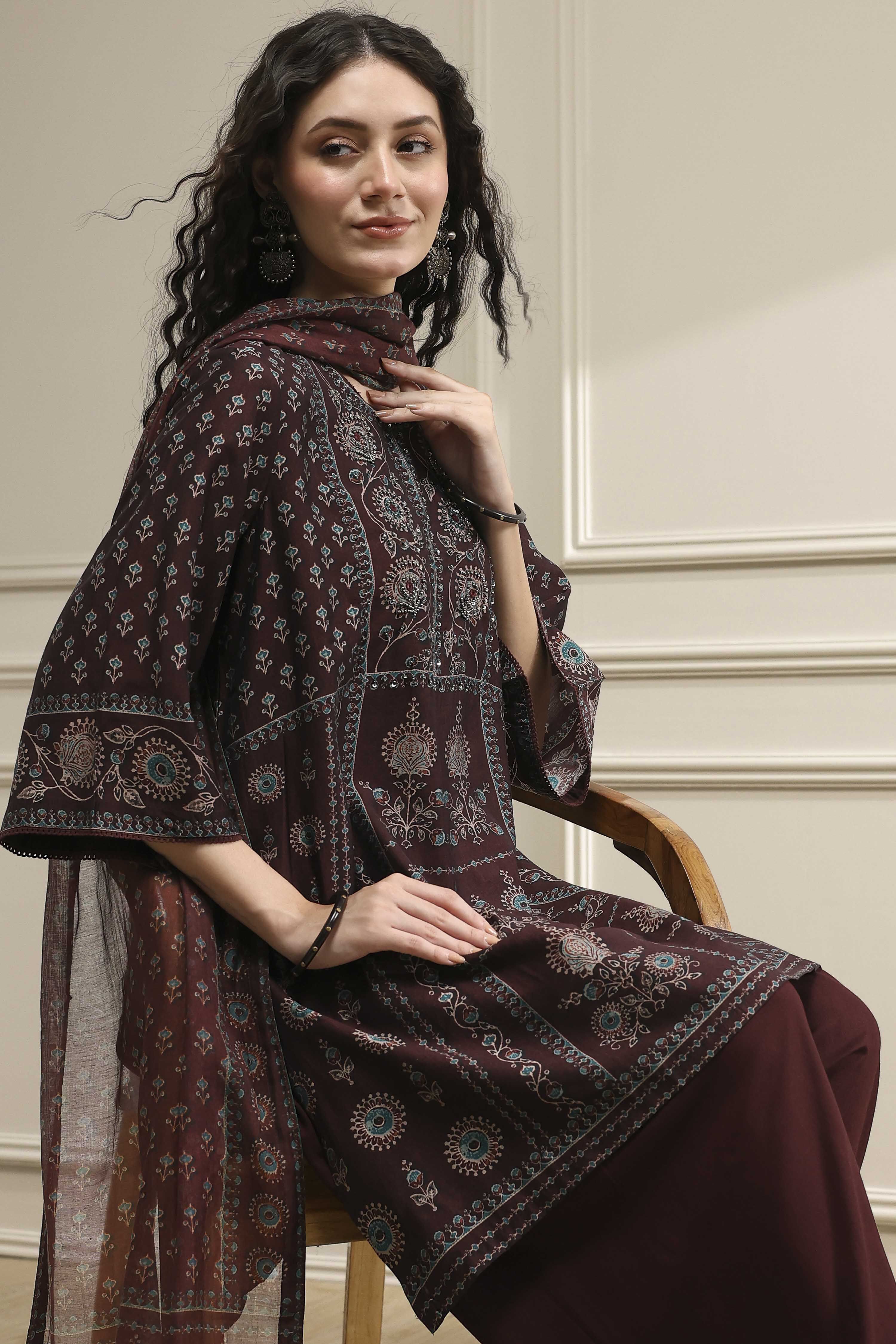 Brown Printed Straight Suit Set image number 0