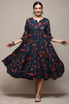 Teal Cotton Flared Printed Dress image number 0