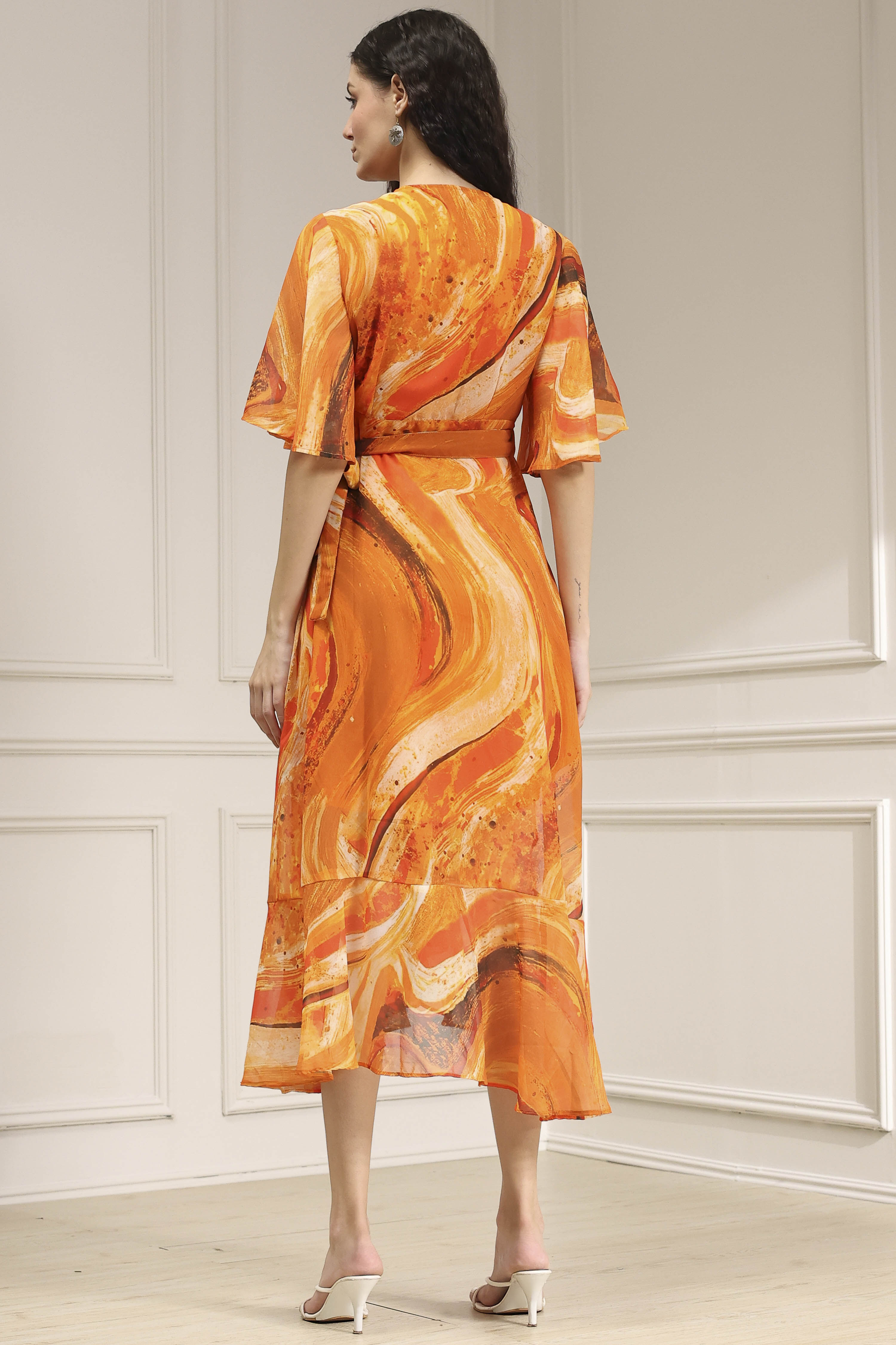 Mustard Yellow Printed Flared Dress image number 3