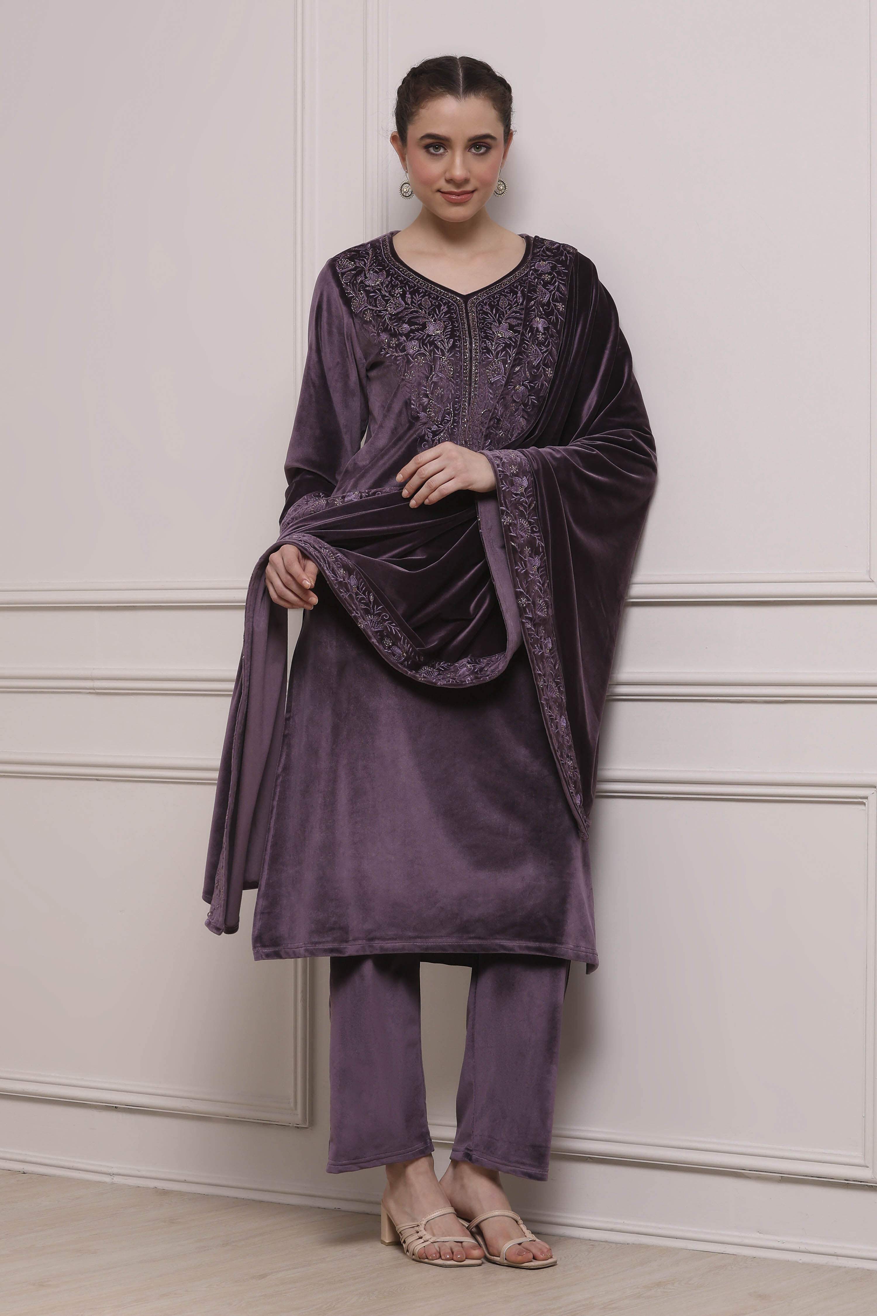 Lavender Polyester Straight Dyed Suit Set image number 0