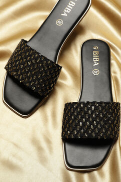 Black Sequin Embellished Slides image number 1