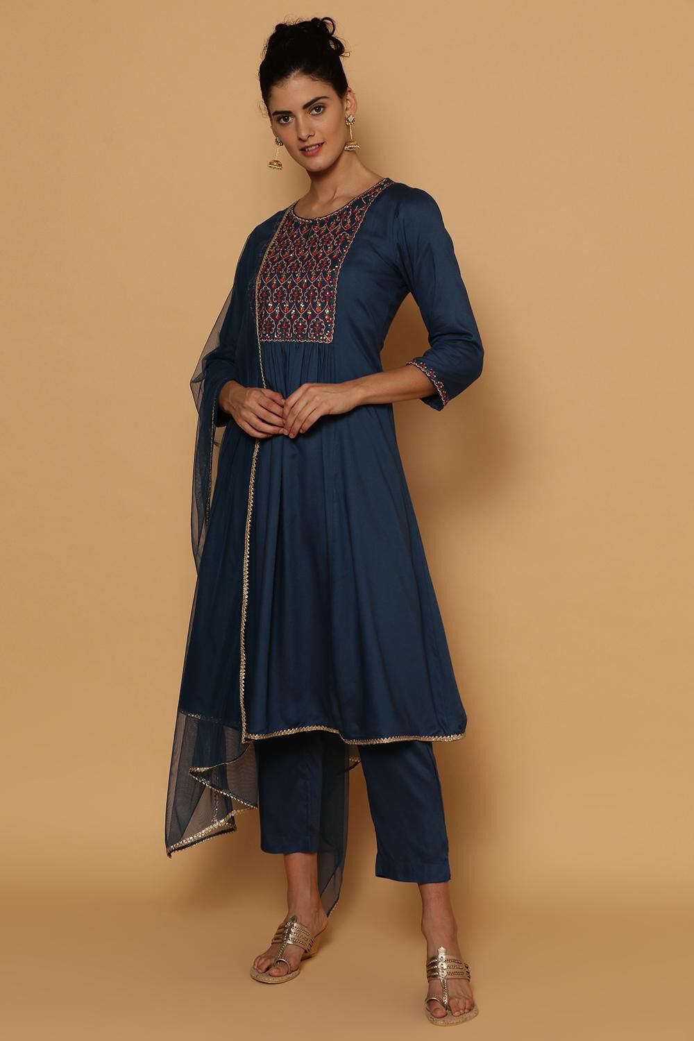 Blue Rayon Kalidar Kurta Pants Suit Set image number 1