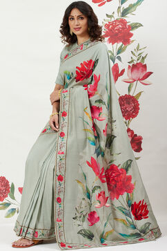 Rohit Bal Green Chanderi Silk Printed Saree With Blouse image number 0