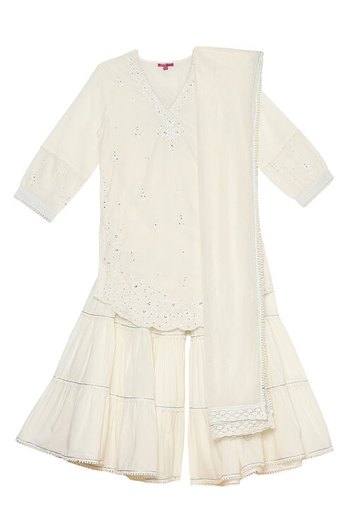 Off-White Embroidered Straight Suit Set image number 0