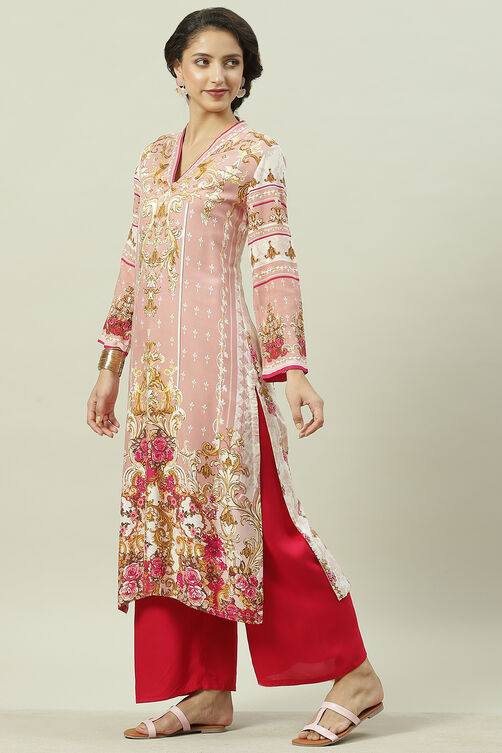 Peach Rayon Straight Printed Kurta image number 3