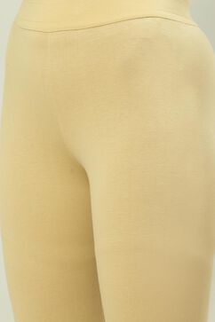 Beige Cotton Blend Solid Leggings image number 1