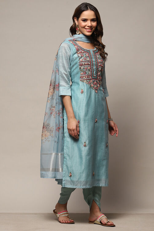 Blue Chanderi Unstitched Suit set image number 7