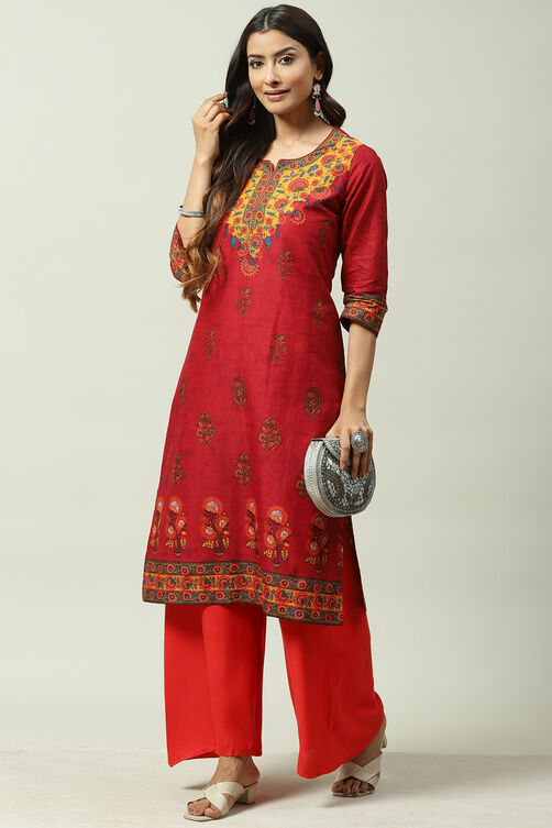 Red Cotton Straight Kurta image number 0