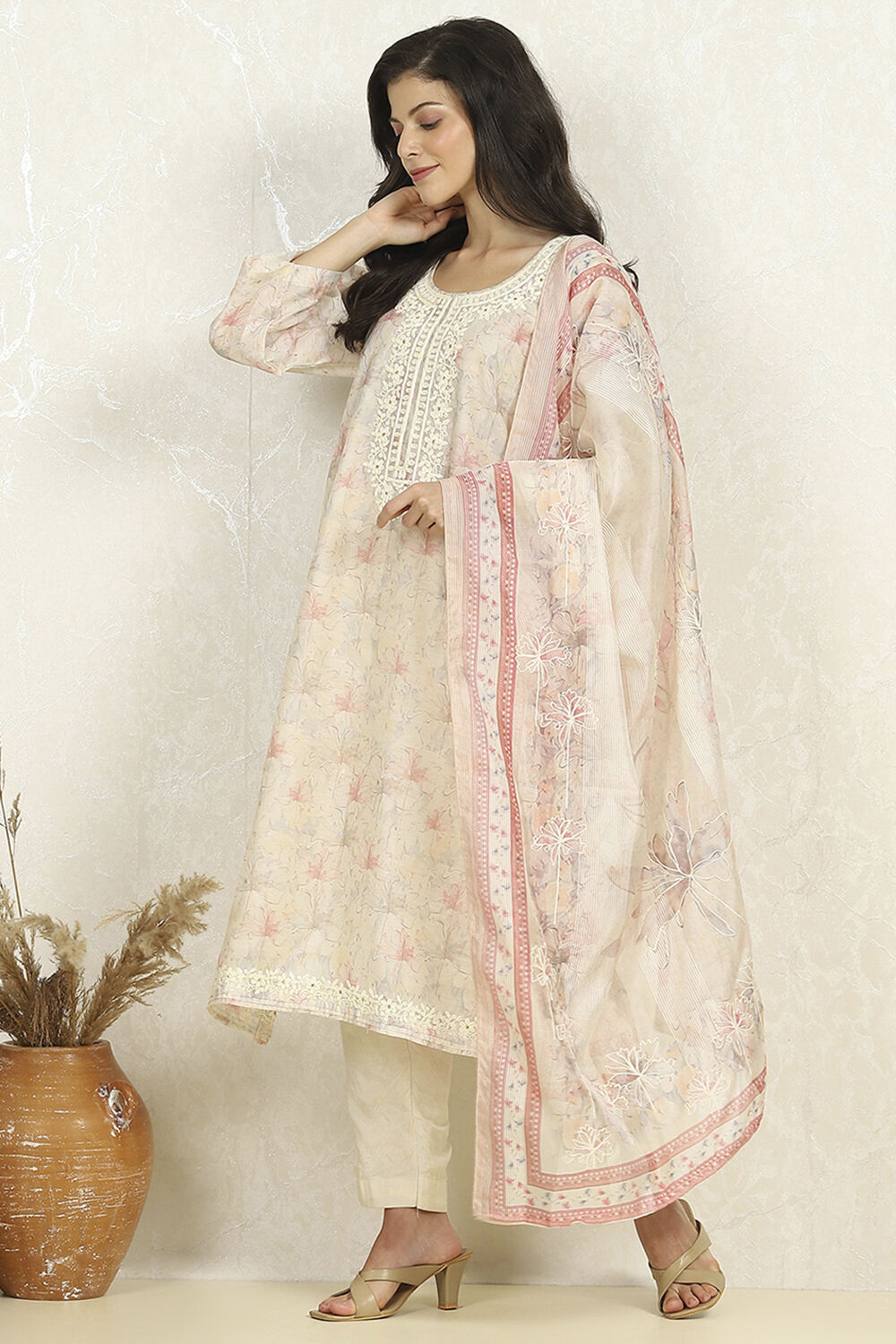 Light Pink Chanderi Unstitched Suit Set image number 1
