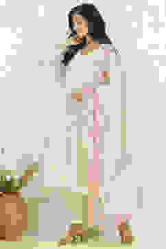 Beige Chanderi Unstitched Suit Set image number 1