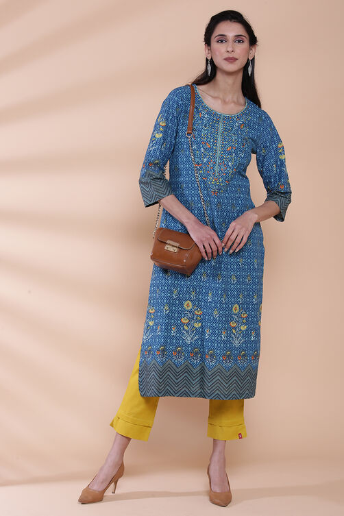 Teal Cotton Straight Printed Kurta image number 4