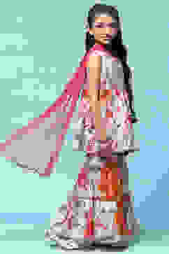 Off White Peplum Kurta With Sharara & Net Dupatta. image number 6