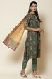 Dark Green Cotton Straight Kurta Slim Pant Suit Set image number 6