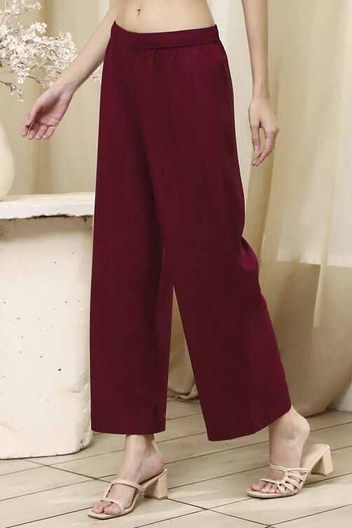 Berry Maroon Solid Straight Palazzos image number 2