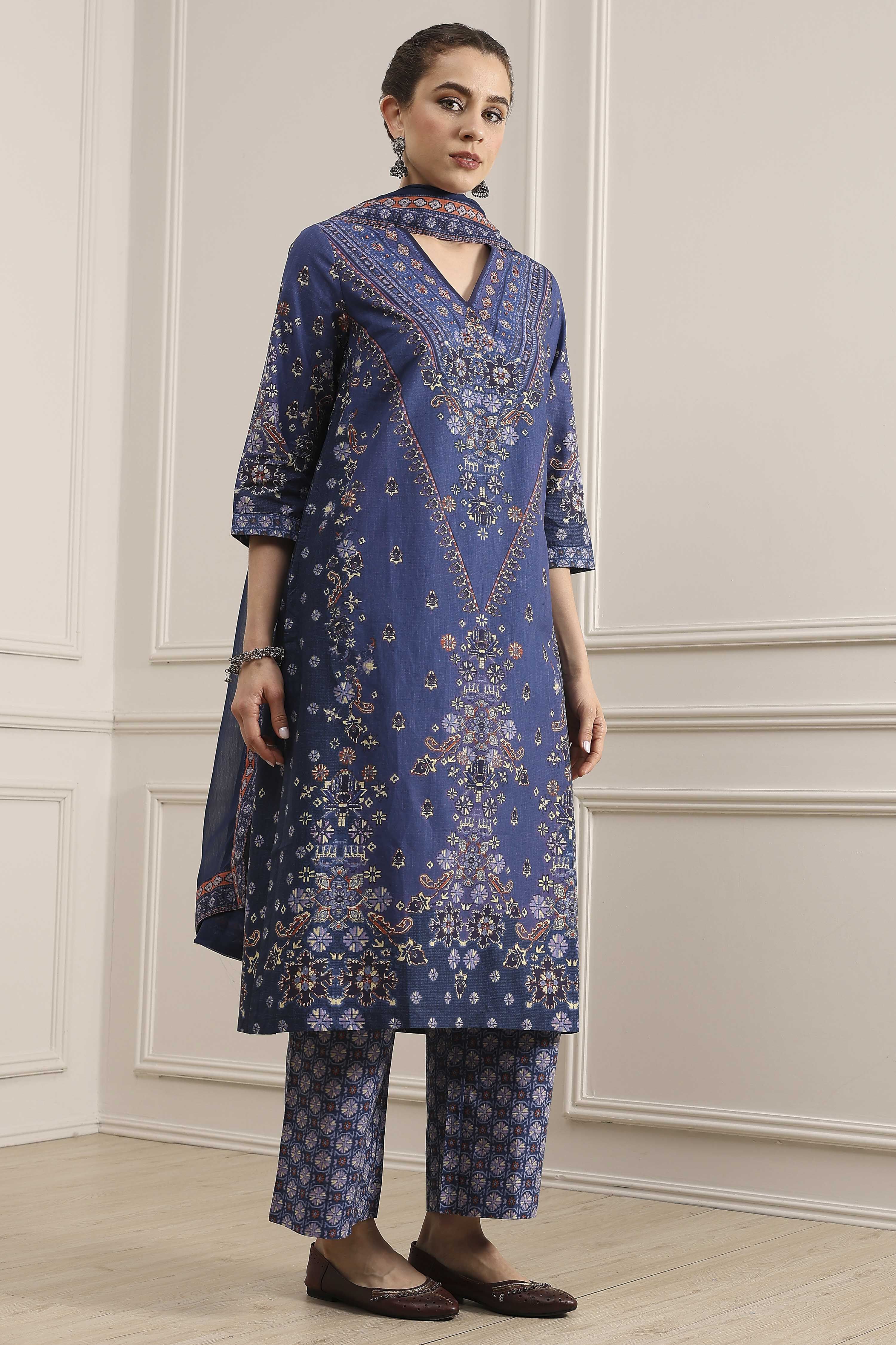 Blue Cotton Printed Straight Suit Set image number 5