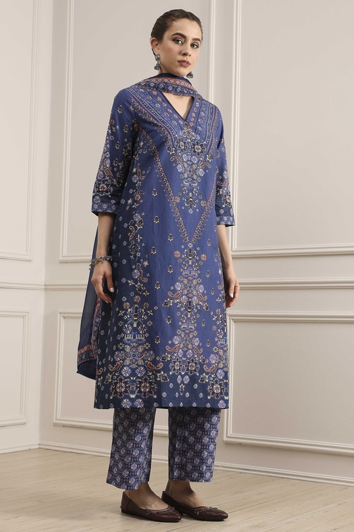 Blue Cotton Printed Straight Suit Set image number 5